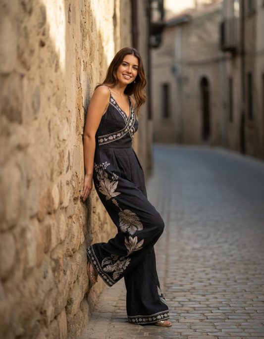 Embroidered Wide-Leg Jumpsuit