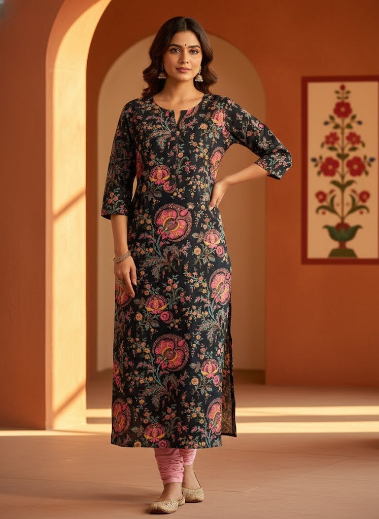 Black Floral Cotton Kurti