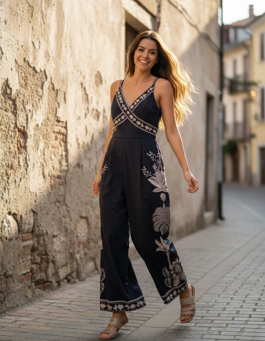 Embroidered Wide-Leg Jumpsuit