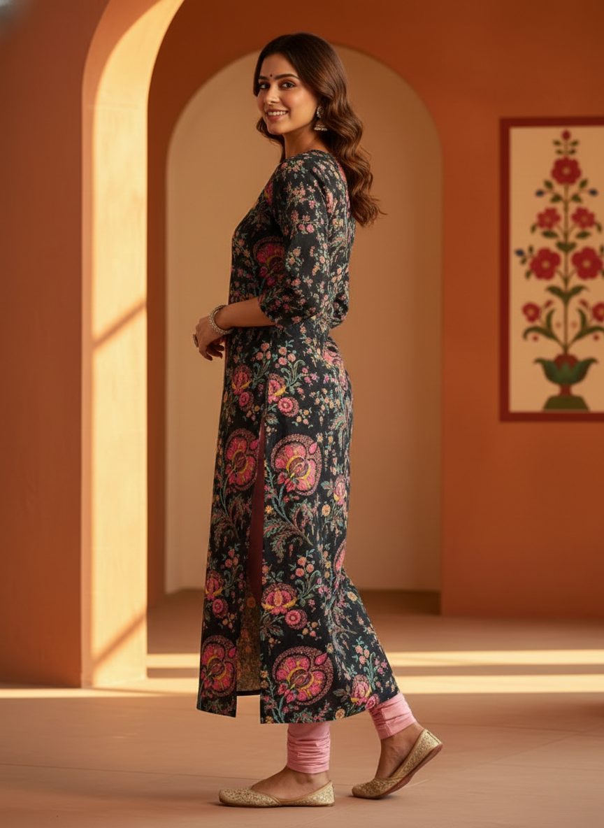 Black Floral Cotton Kurti