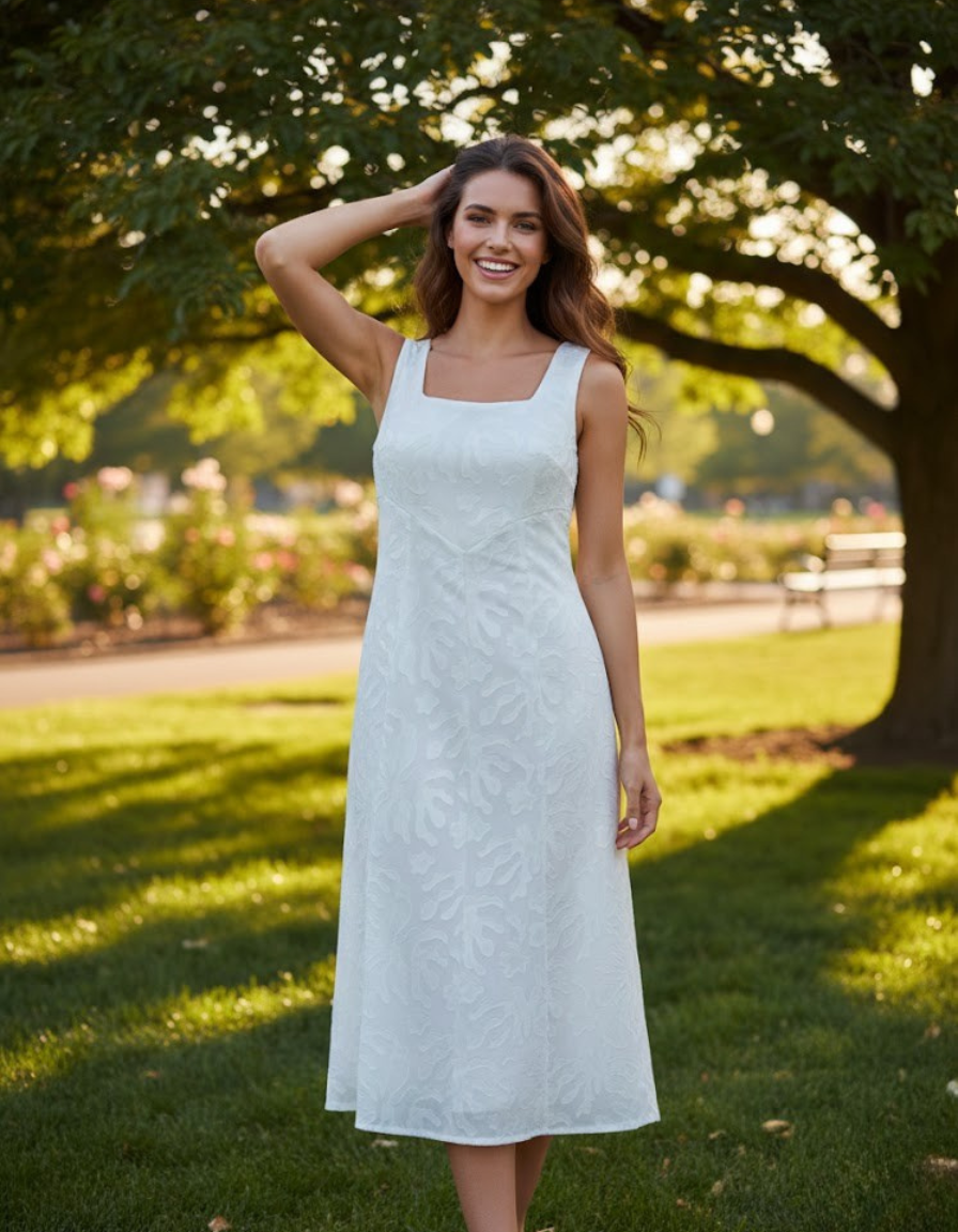 White Floral Jacquard Midi Dress