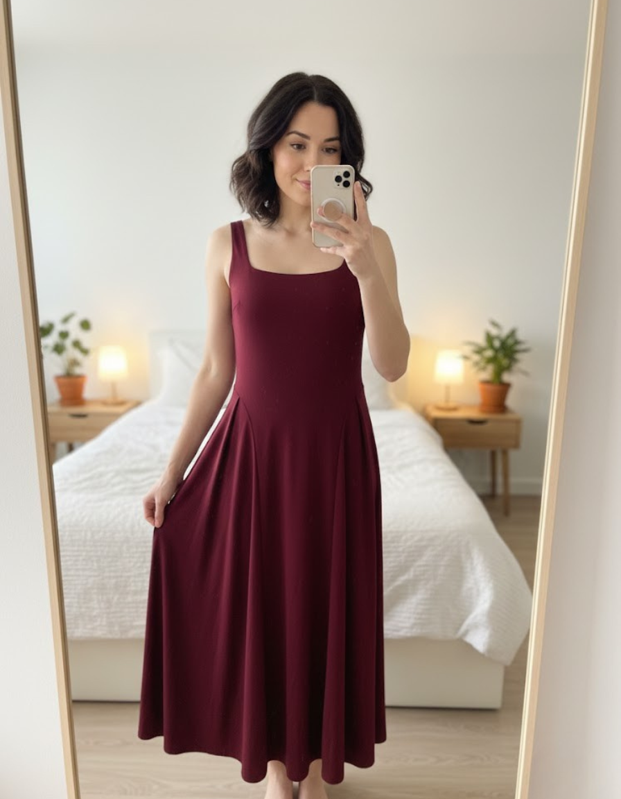 Square Neck Pleated Midi Dress