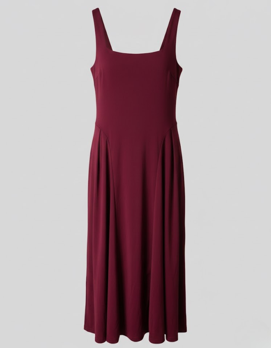 Square Neck Pleated Midi Dress