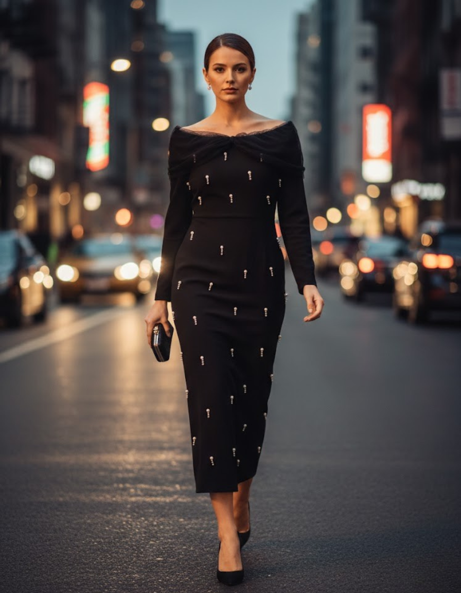 Off The Shoulder Embellished Midi Dress