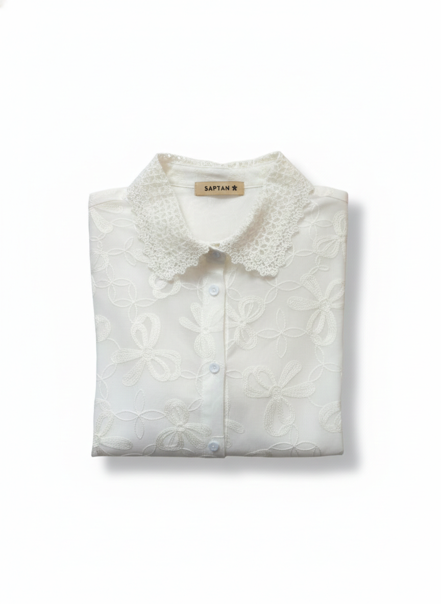 White Thread Work Cotton Shirt