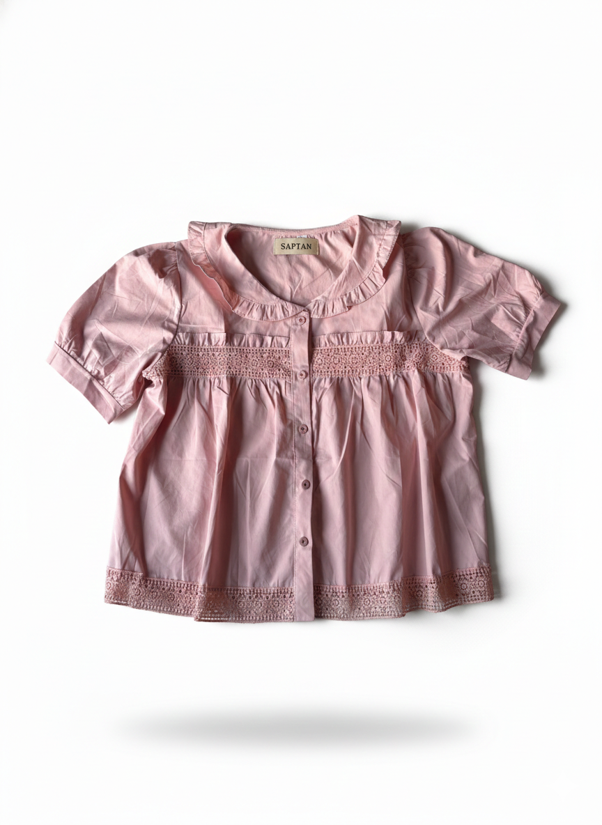 Peach Lace-Trimmed Cotton Babydoll Top