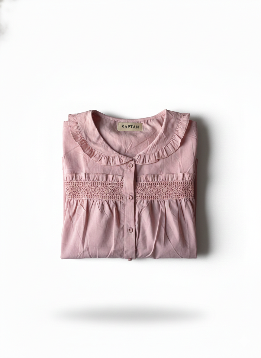 Peach Lace-Trimmed Cotton Babydoll Top