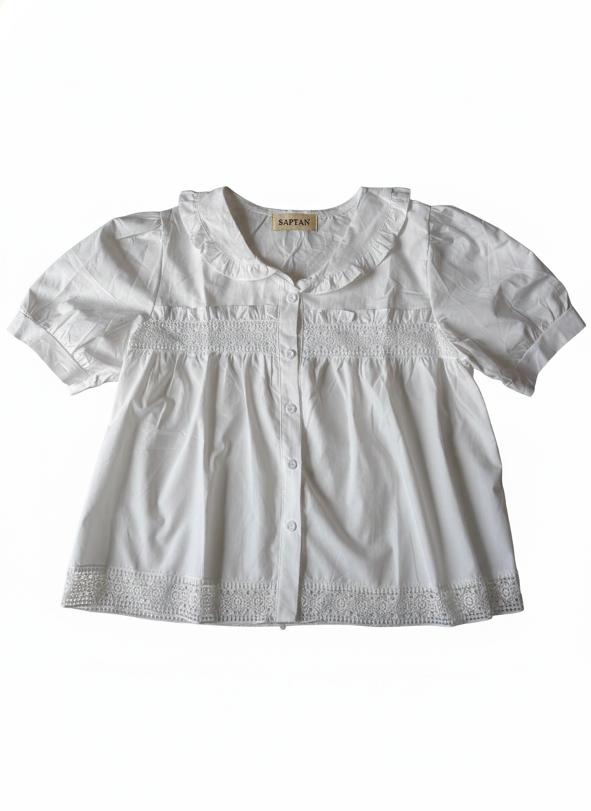 White Lace-Trimmed Cotton Babydoll Top