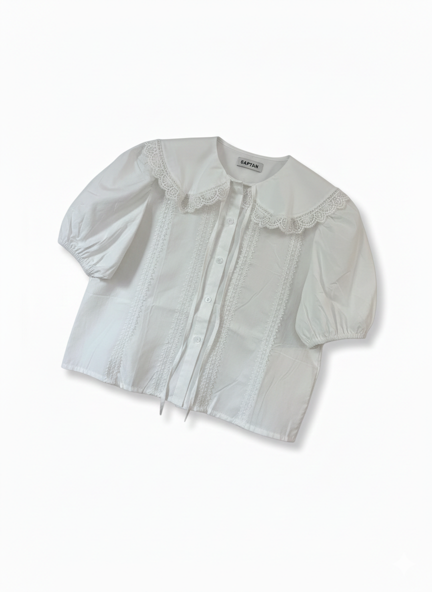 White Lace-Accented Cotton Blouse