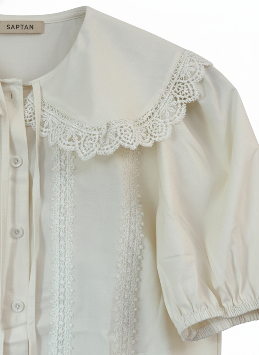 Peach Lace-Accented Cotton Blouse