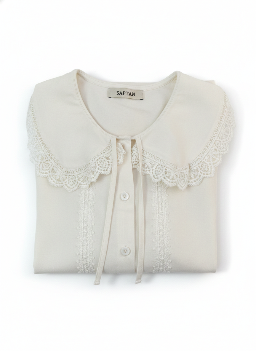 Peach Lace-Accented Cotton Blouse