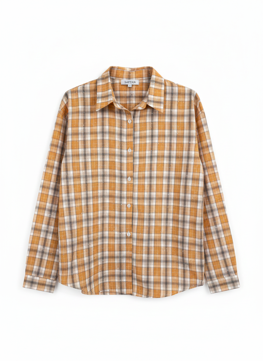 Orange Checkered Embellished Cotton Shirt