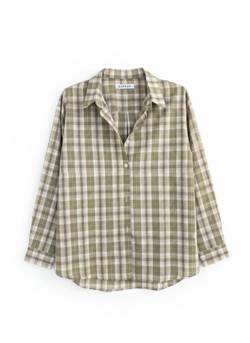 Green Checkered Embellished Cotton Shirt