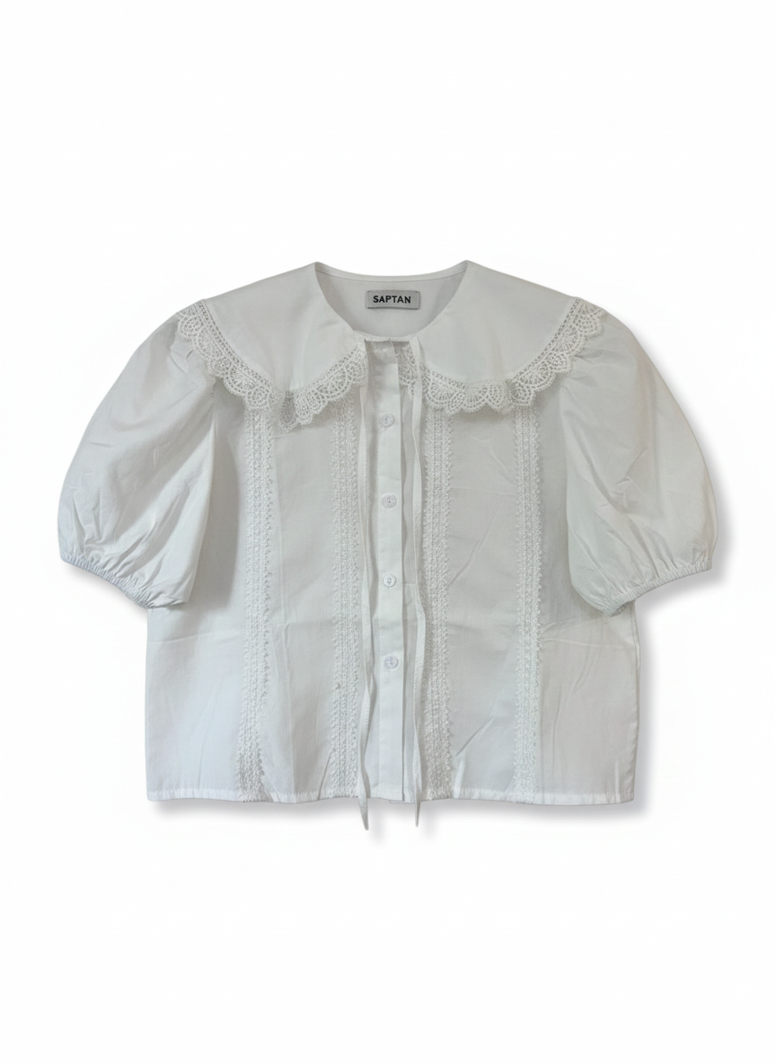 White Lace-Accented Cotton Blouse