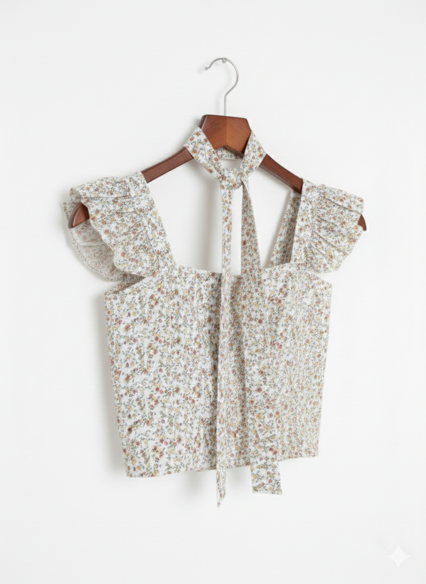 White Floral Crop Padded Top With Scarf