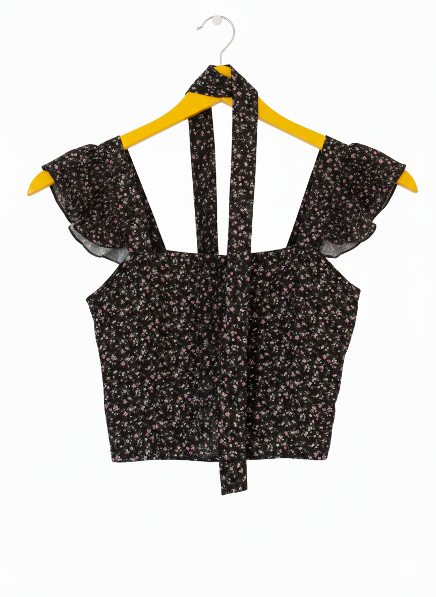 Black Floral Crop Padded Top With Scarf