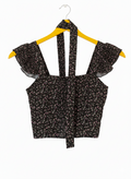 Black Floral Crop Padded Top With Scarf