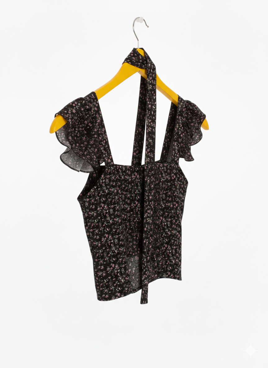 Black Floral Crop Padded Top With Scarf