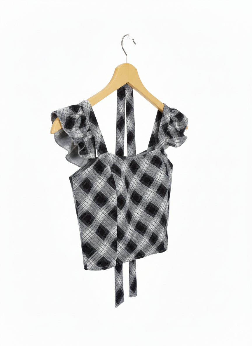 White & Black Crop Padded Top With Scarf