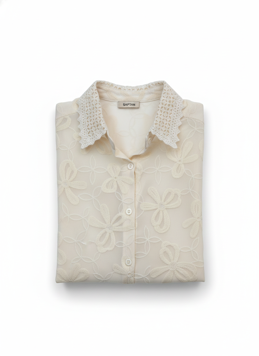 OFF White Thread Work Cotton Shirt