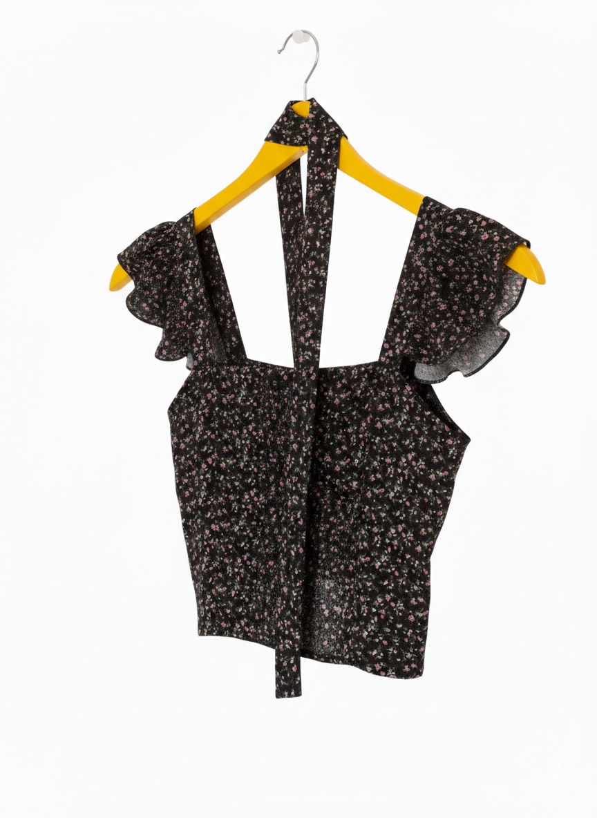 Black Floral Crop Padded Top With Scarf