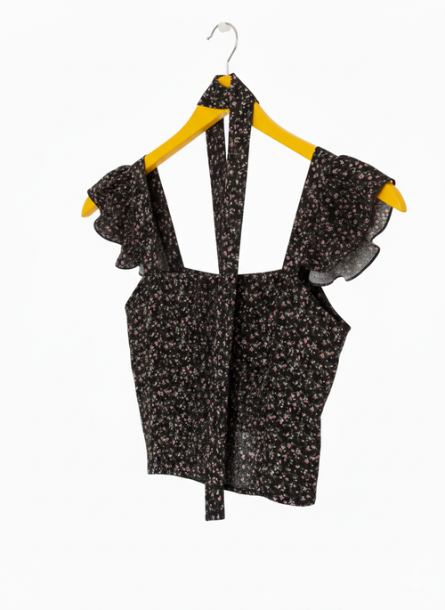 Black Floral Crop Padded Top With Scarf