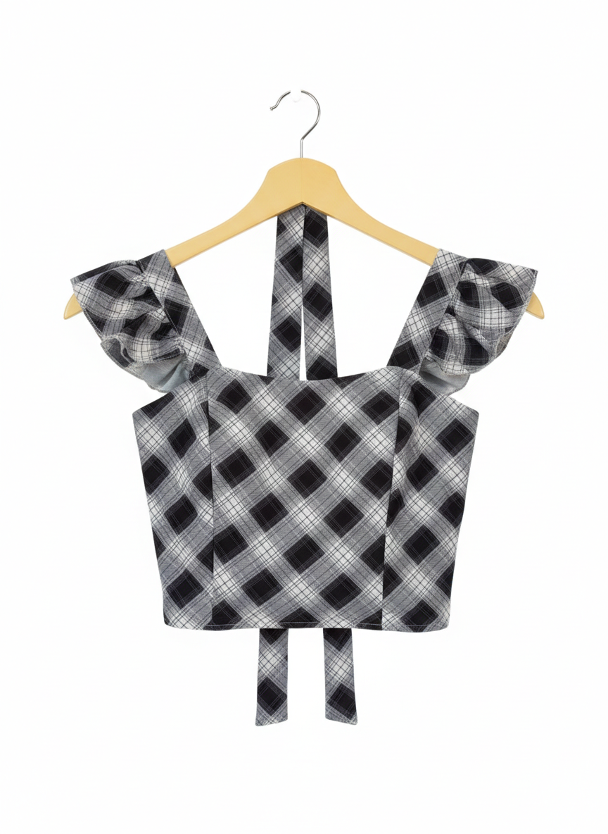 White & Black Crop Padded Top With Scarf