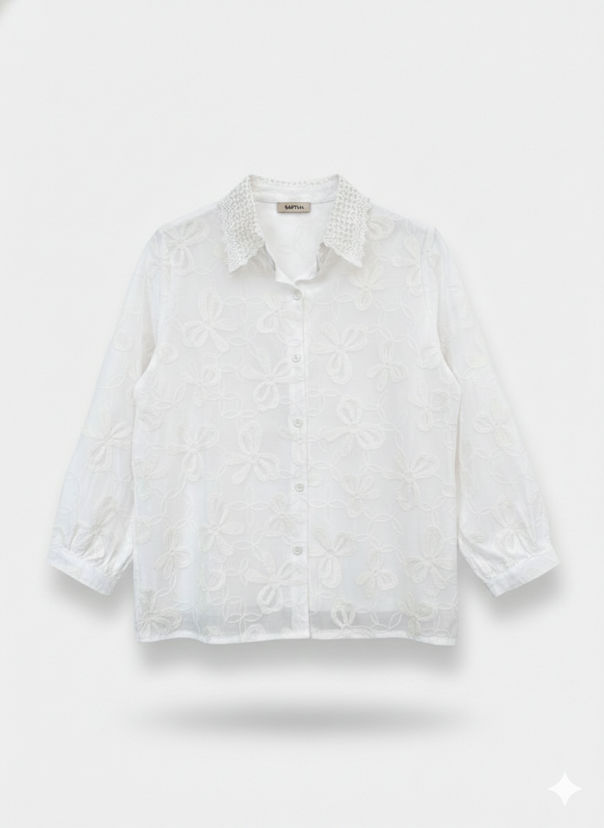 White Thread Work Cotton Shirt