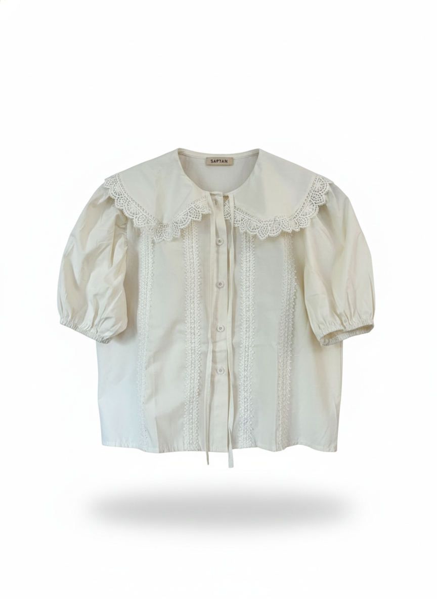 Peach Lace-Accented Cotton Blouse