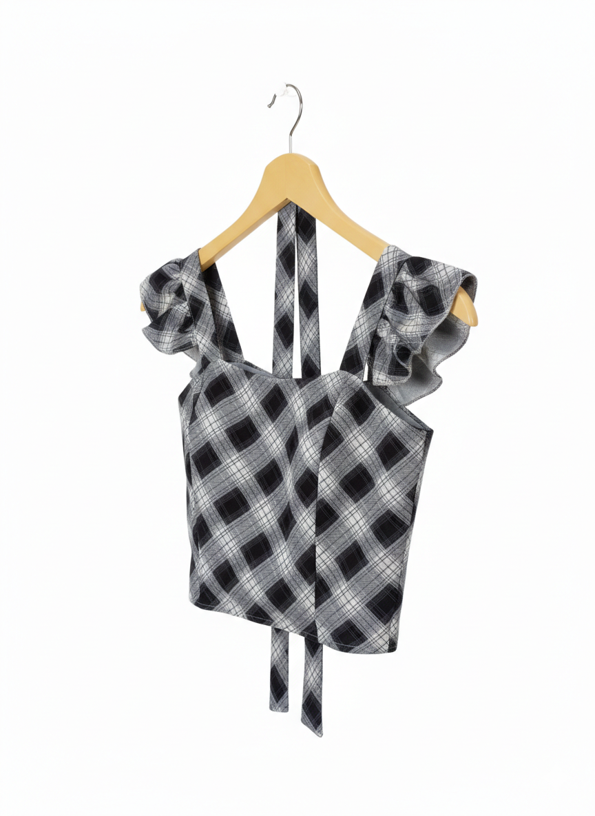 White & Black Crop Padded Top With Scarf