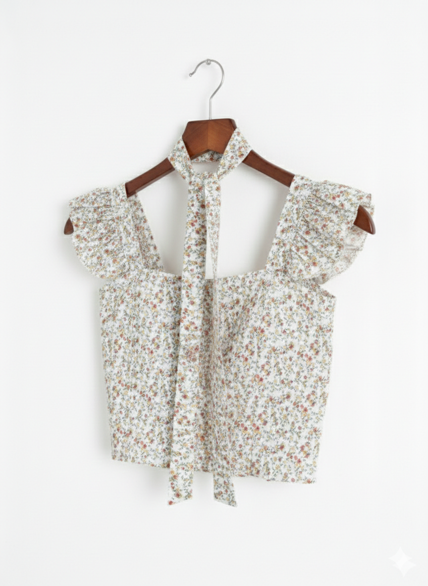 White Floral Crop Padded Top With Scarf