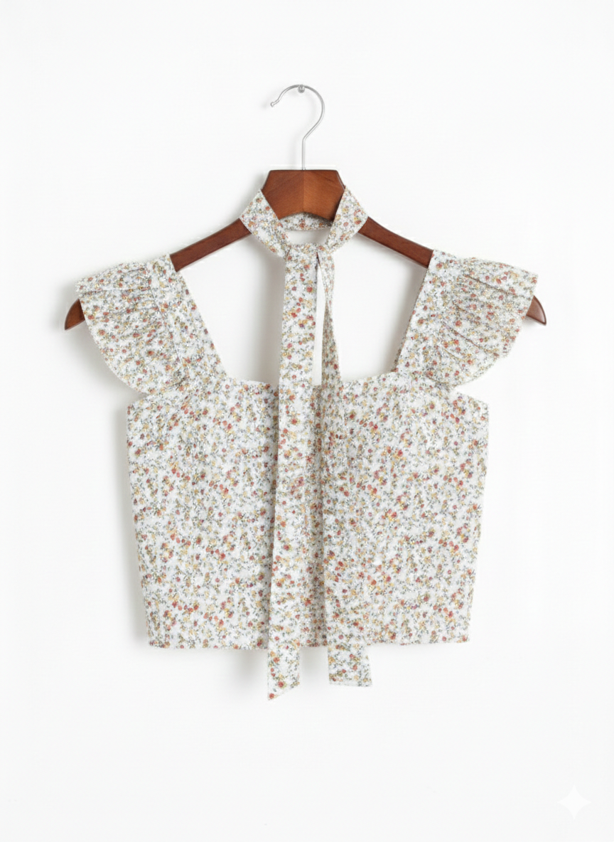 White Floral Crop Padded Top With Scarf
