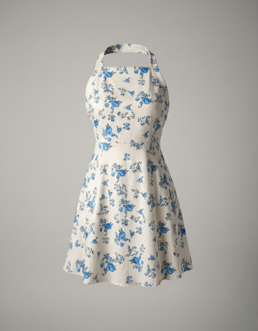 Cerulean Bloom Halter Mini Dress