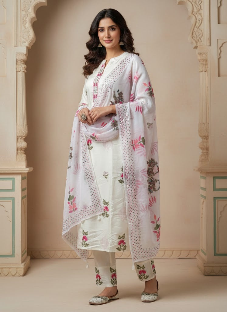White With Pink Floral Work Suit