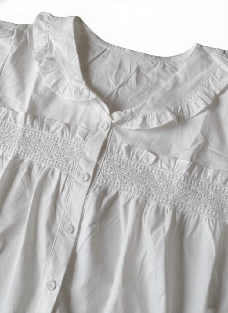 White Lace-Trimmed Cotton Babydoll Top