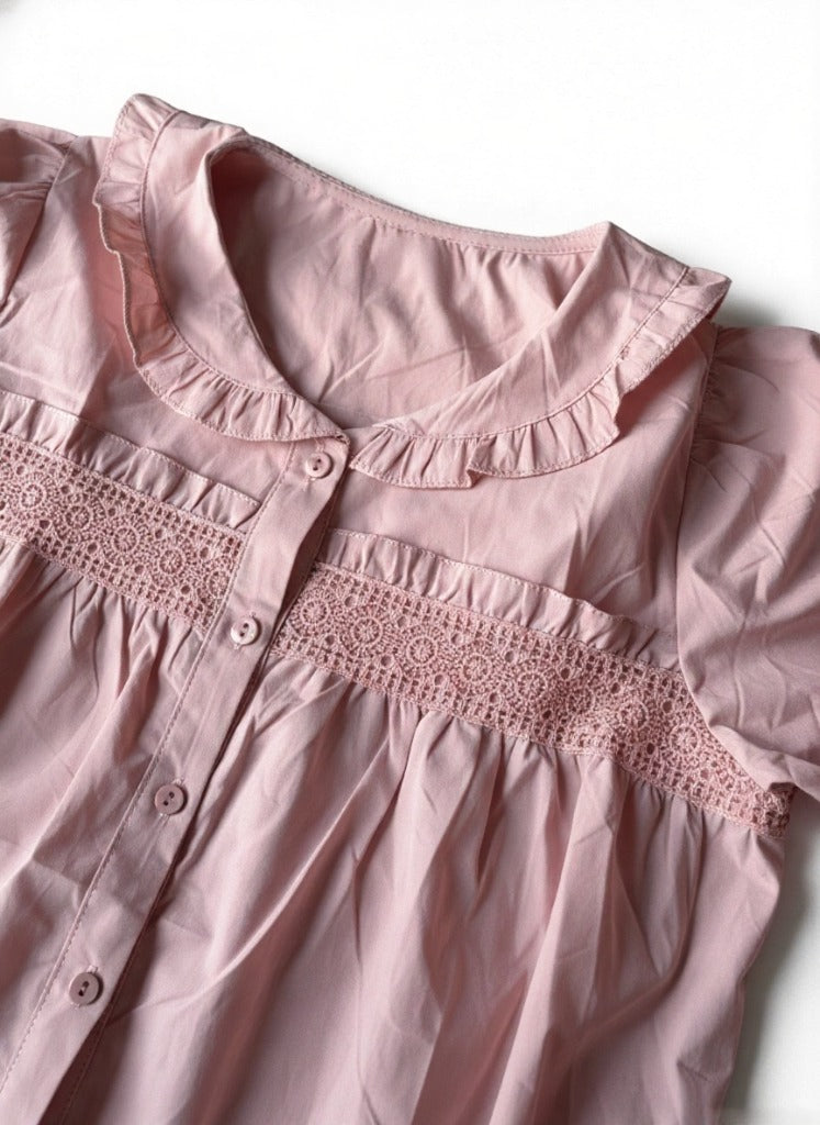 Peach Lace-Trimmed Cotton Babydoll Top