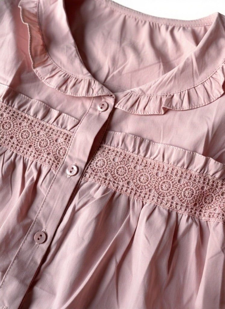 Peach Lace-Trimmed Cotton Babydoll Top