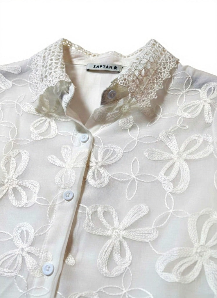 White Thread Work Cotton Shirt