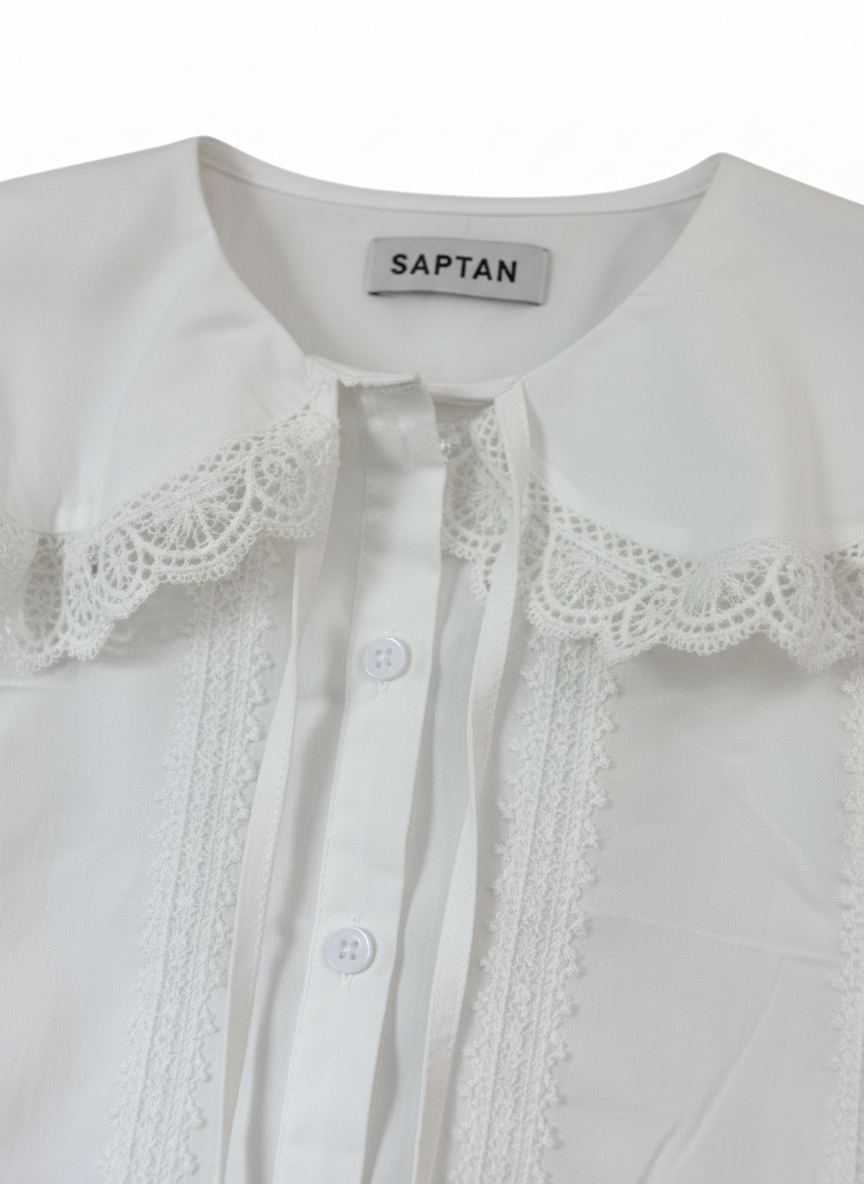 White Lace-Accented Cotton Blouse