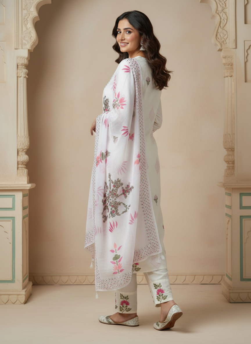 White With Pink Floral Work Suit